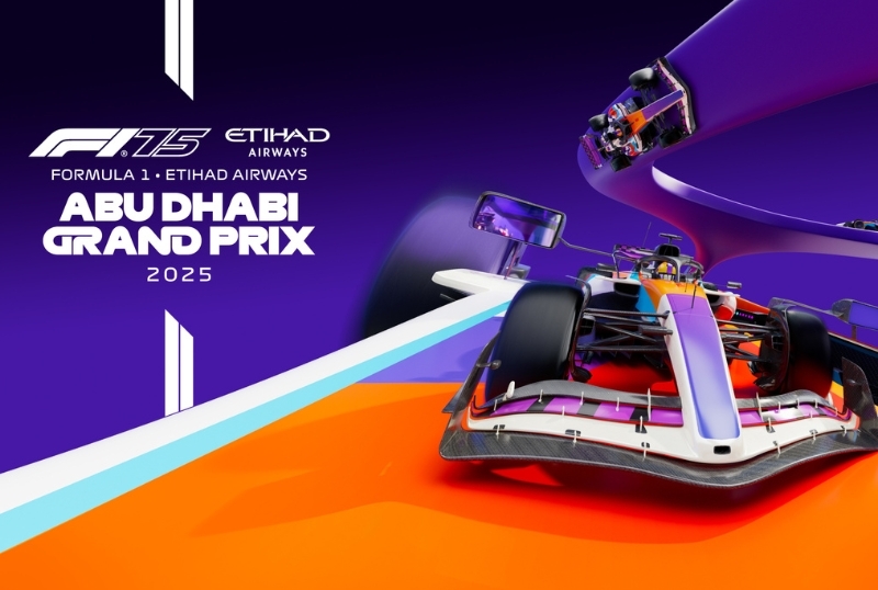 a purple formula 1 race car next to the words Formula 1 Etihad Airways abu dhabi grand prix