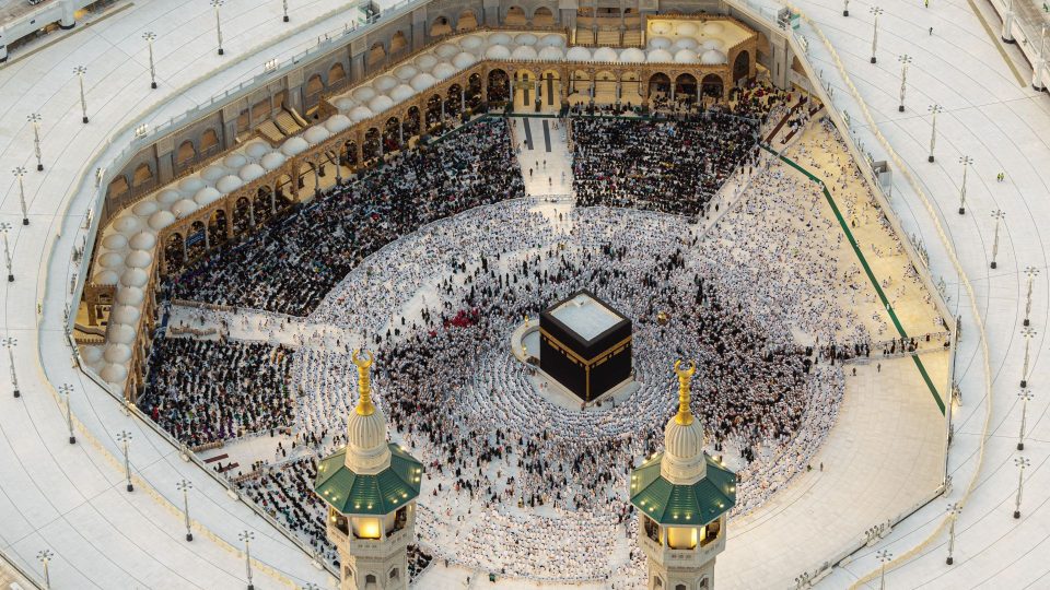 Aerial view of Kaaba and pilgrims praying in Masjid al-Haram, Mecca