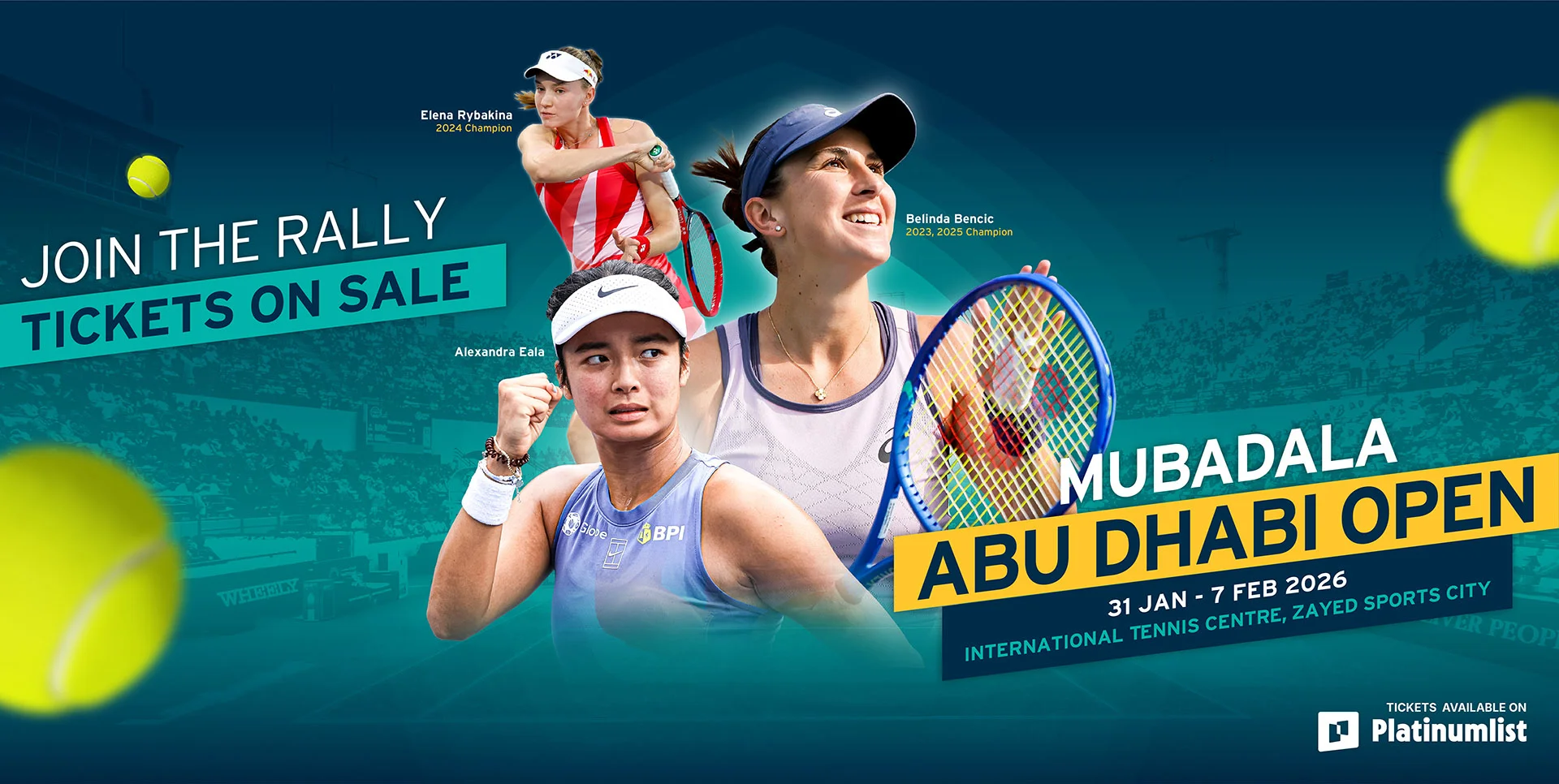Promotional banner for the Mubadala Abu Dhabi Open 2026 featuring tennis players Elena Rybakina, Belinda Bencic, and Alexandra Eala