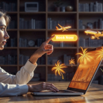 Woman using a laptop for AI travel booking, with holographic airplanes and palm trees floating over the screen