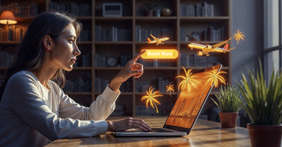 Woman using a laptop for AI travel booking, with holographic airplanes and palm trees floating over the screen